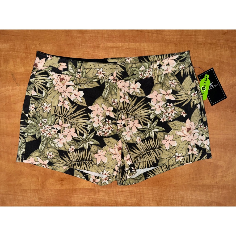 Volcom Floral Tropical Chino Shorts Black Green Pink Size 25 NWT‎